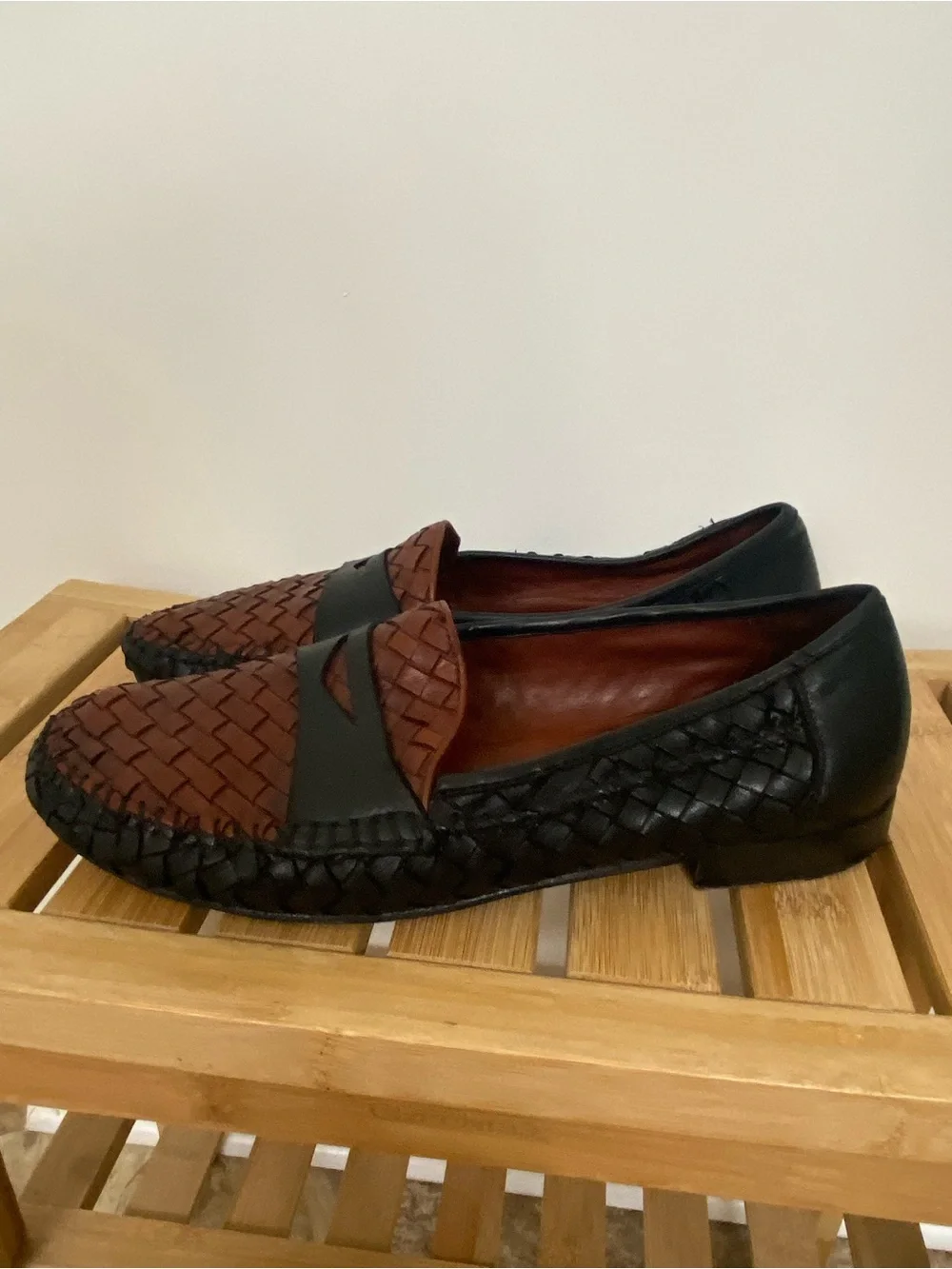Robert Zur Men’s 10.5 D Woven Leather Penny Loafers Black Brown Two Tone